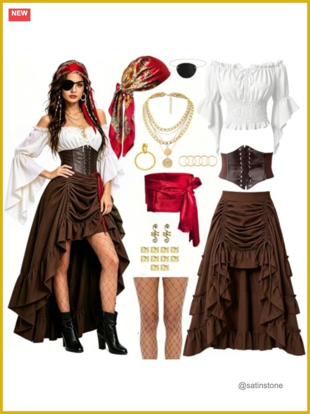 10 PCS Pirate Costume Set Off-Shoulder Top Drawstring Skirt with Corset